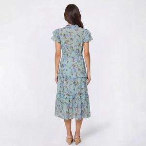 Womens Cure Flutter Sleeve Floral Tie Waist Tier Midi Dress alternate view